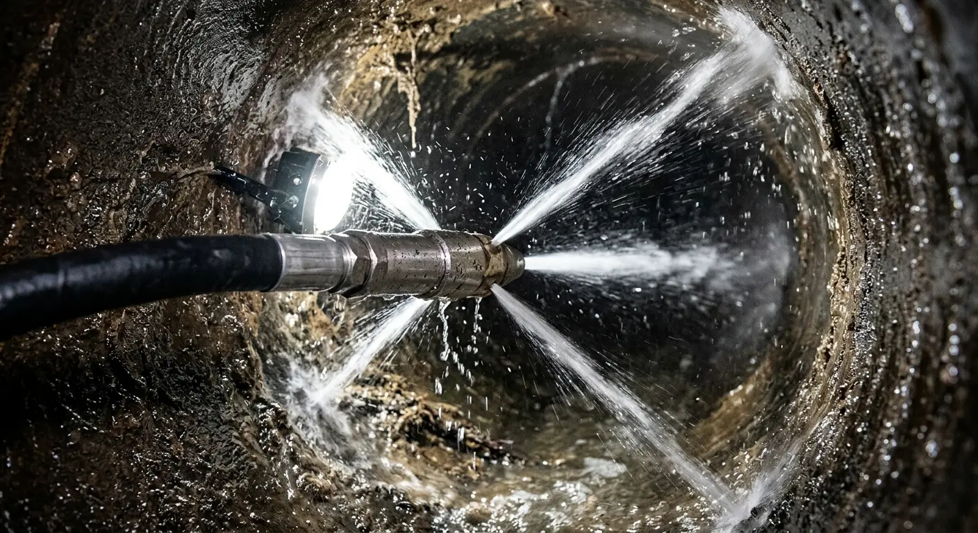 High-pressure hydro jetting nozzle cleaning sewer pipe for Sewer Line Relining in Bull Run