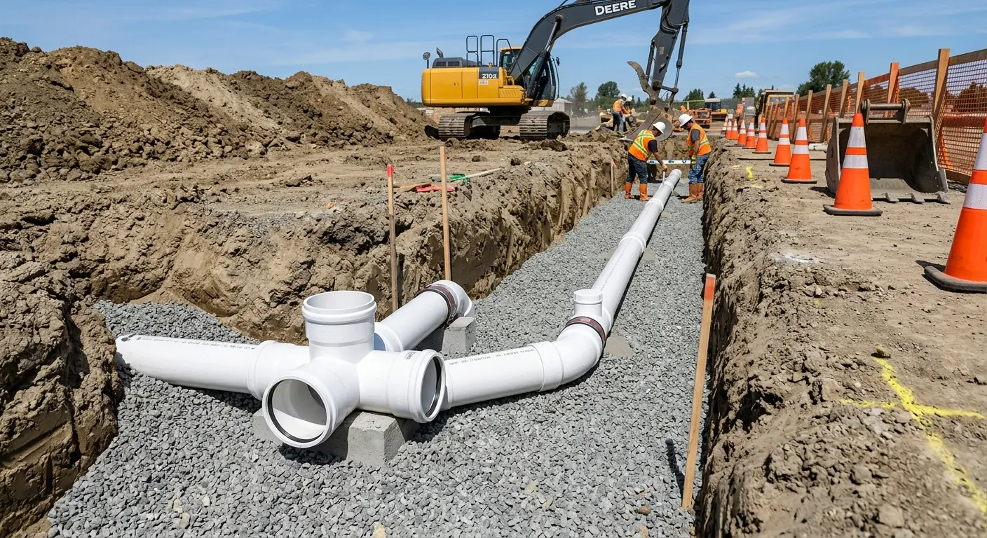New PVC sewer pipe installation in open trench for Sewer Backup in Bull Run