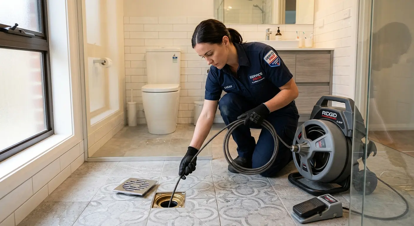 Technician clearing a bathroom floor drain for Drain Cleaning in Bull Run